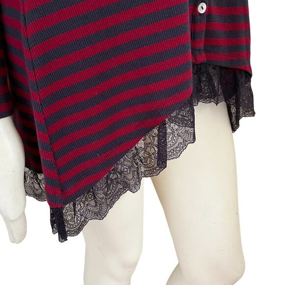 LOGO LORI GOLDSTEIN Button Front Striped Lace Trim Thermal Tunic Shirt SZ S - Picture 5 of 11